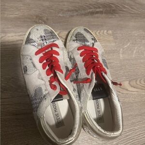 Steve Madden Cream Snakeskin Sneakers with Red Laces